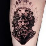 Episches Black and Grey Realismus Tattoo einer antiken Büste mit Löwenkopfbedeckung (Herkules) und astrologischen Symbolen, von Black Smoke Tattoo Berlin.