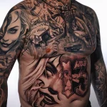 Realistisches Black and Grey Brusttattoo mit Las-Vegas-Schild, Frauenportrait, Auto und Casino-Motiven
