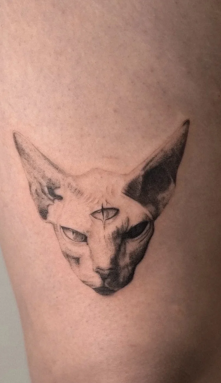 Detailliertes Microrealismus Tattoo einer Sphynx-Katze mit drittem Symbol auf der Stirn am Oberschenkel, gestochen im BS Tattoo Studio Berlin.