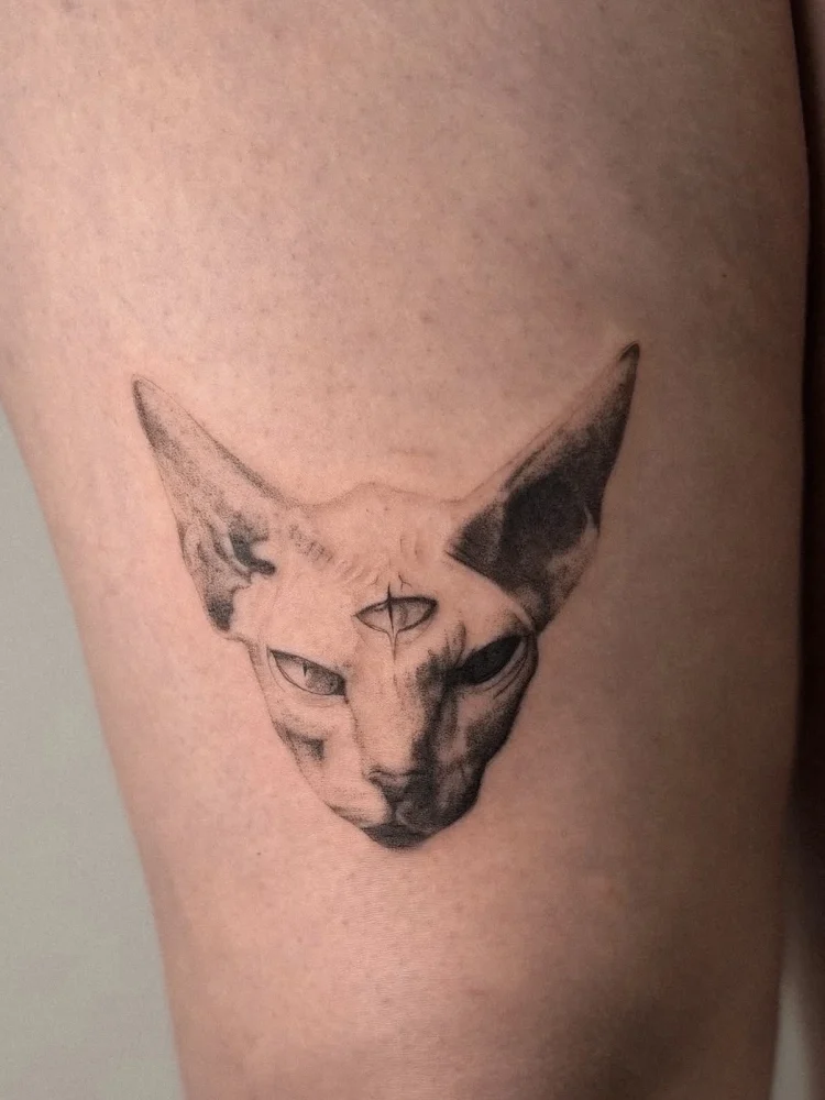 Detailliertes Microrealismus Tattoo einer Sphynx-Katze mit drittem Symbol auf der Stirn am Oberschenkel, gestochen im BS Tattoo Studio Berlin.